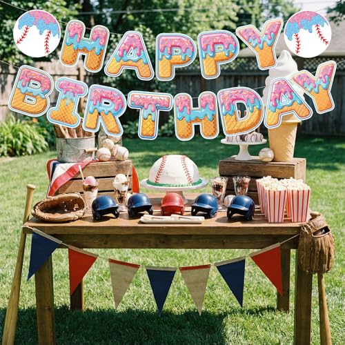 Image of Supervitae Happy Birthday Banner Baseball, Baseball Ice Cream Drip Birthday Banner, Baseballs Party Hanging Decorations Sport Theme Party Supplies for Sport Parties Favors Decoration