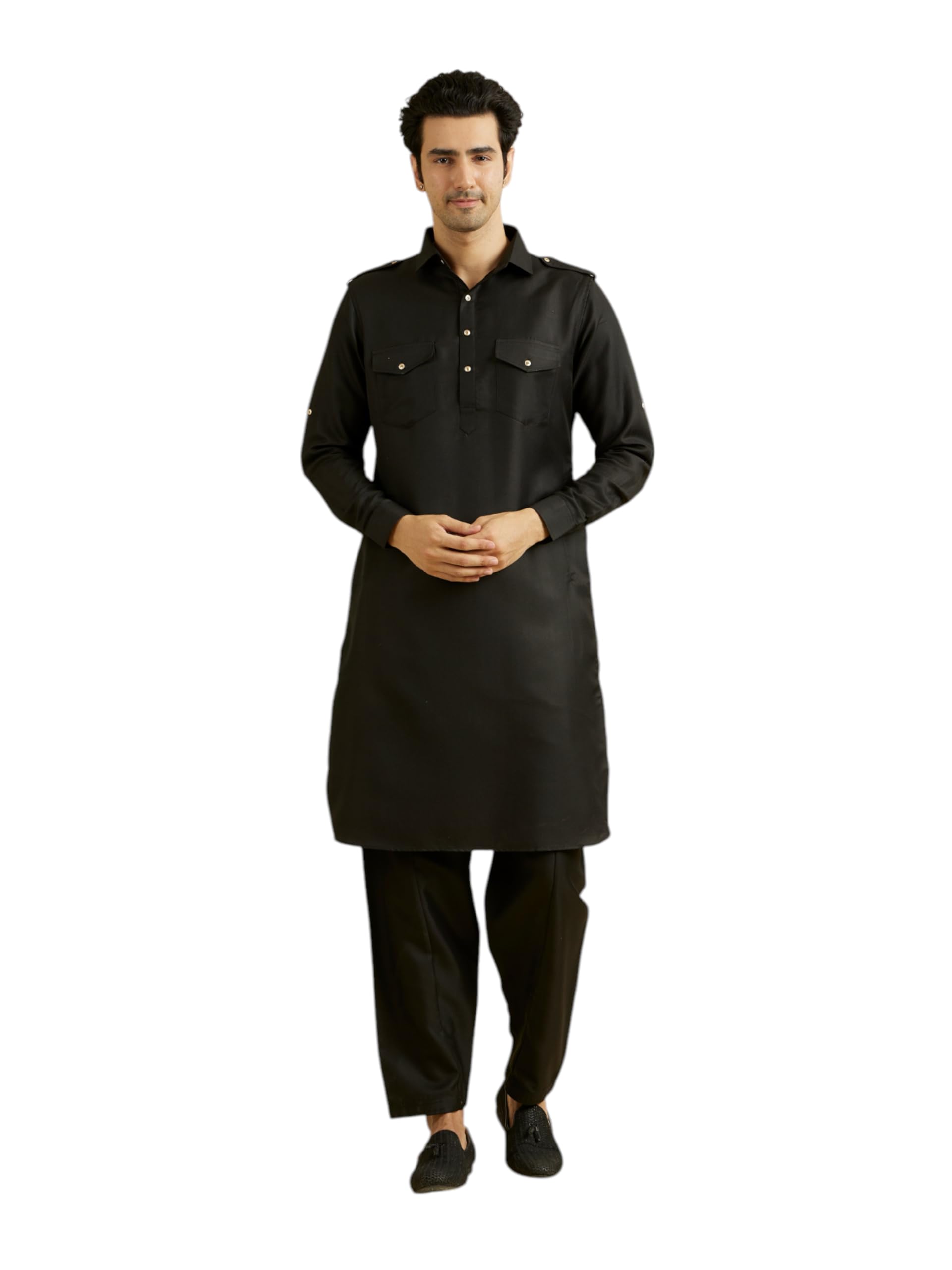 manyavar Men's Rayon Blend Solid Pathani Kurta Churidar Set (2pcs)-picture-13
