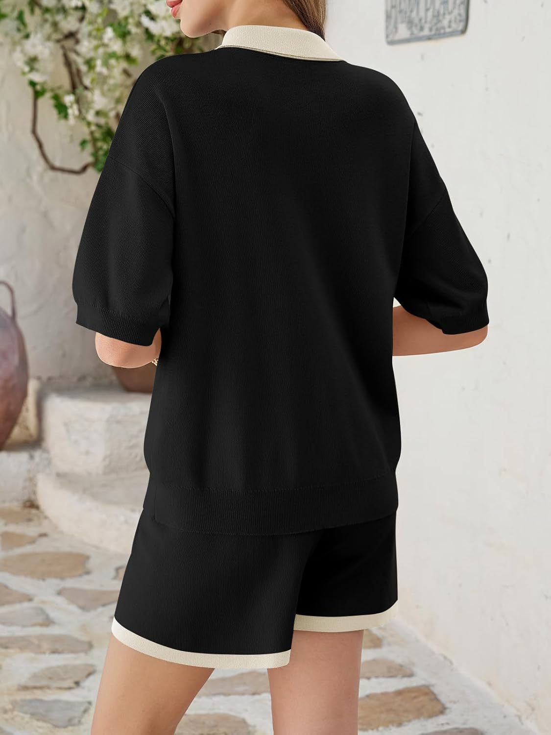 Tankaneo Womens 2 Piece Sweater Short Sets 2026 Summer Vacation Outfits Short Sleeve Knit Collared Tops Matching Lounge Set - Image 5