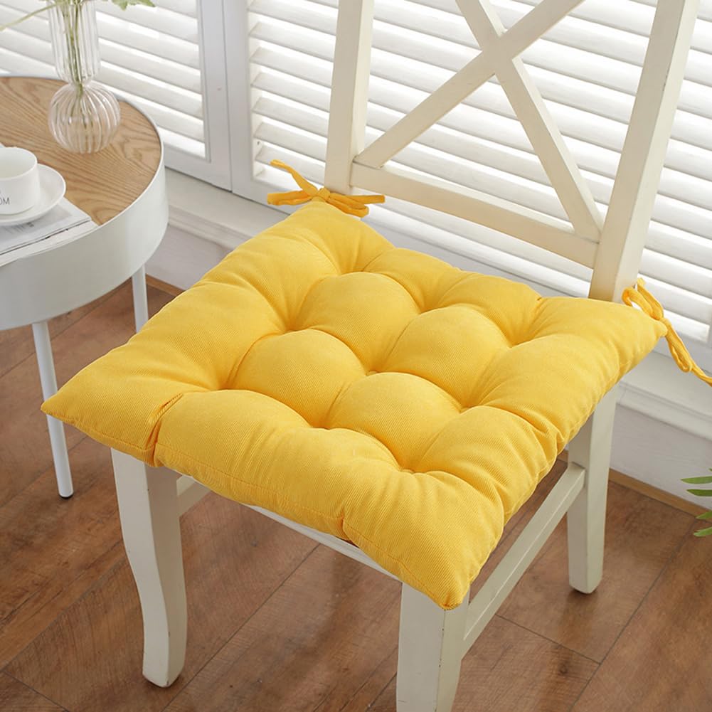 kuyouqi Corduroy Seat Pad for Dining Chair, Square Thick Seat Cushion Soft Warm Furniture Cushion with Ties for Home Office Garden (50 x 50 x 7 cm, Yellow)