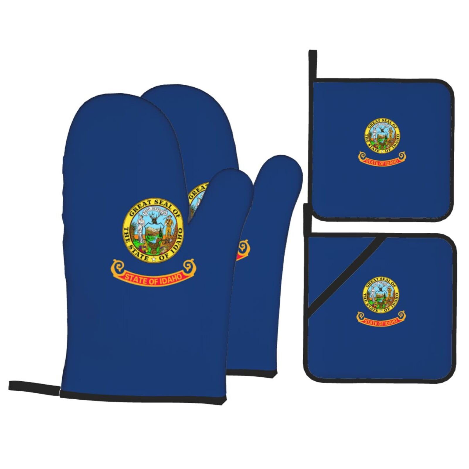Idaho state flag Print 4-Piece Oven Microwaving Set Waterproof Kitchen Gloves for Baking Grilling Cooking