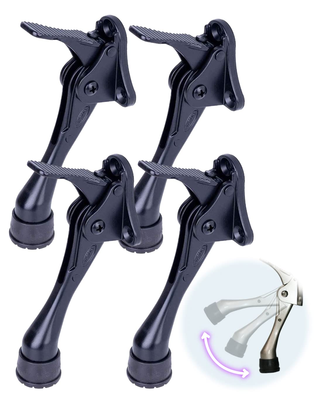 One Touch Kickdown Door Stopper, Door Holder, Heavy Duty Door Stops, Bottom of Door, Height-Adjustable Rubber Tips by HASHI (Black 4 inch x 4pack)