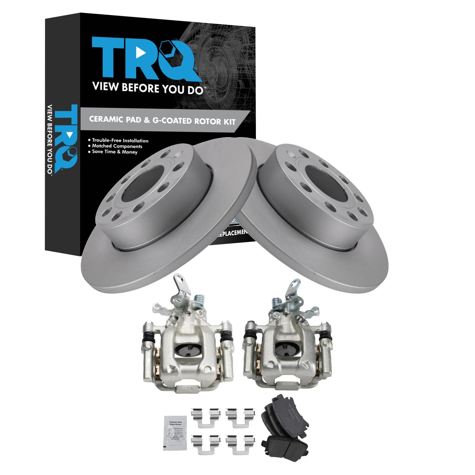 TRQ Rear Brake Pad and Rotor Set Ceramic Solid Rotors Calipers