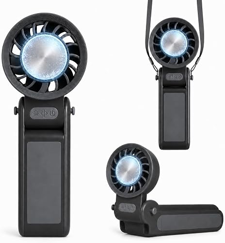 RAYPOW Ventilador de Mano Portátil con Placa Fría, Plegable Multiángulo, 3 Velocidades, Batería 1800 mAh, USB-C, 5 V 2 W, con Correa, Mini Ventilador de Mesa para Viaje y Oficina, Negro