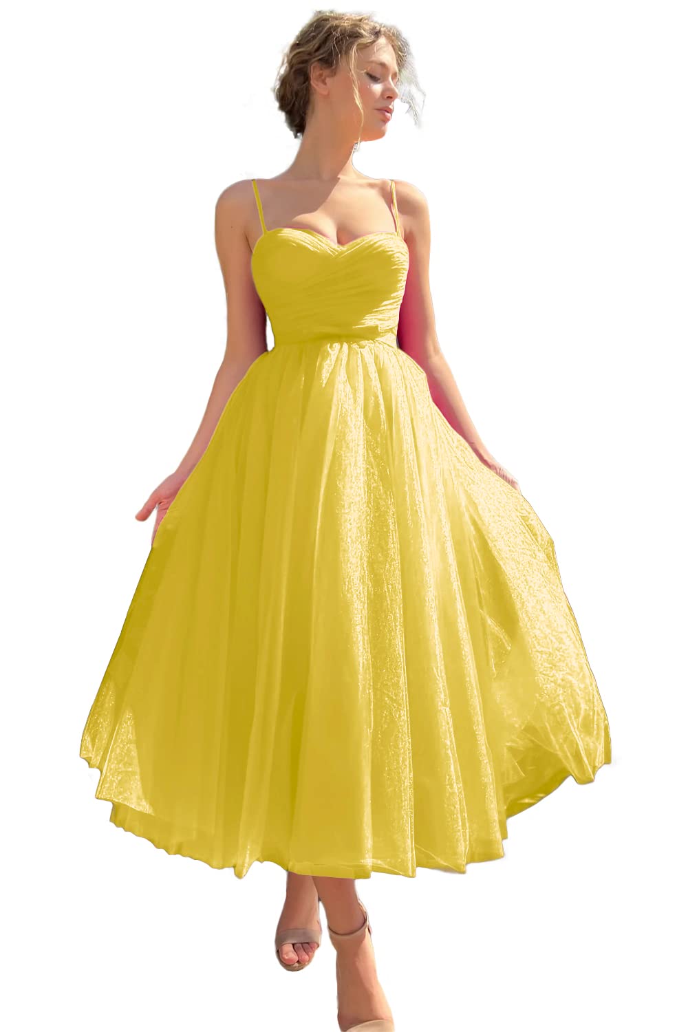 Sevintage Spaghetti Straps Tulle Prom Dress Tea Length Formal Party Evening Dress with Pockets