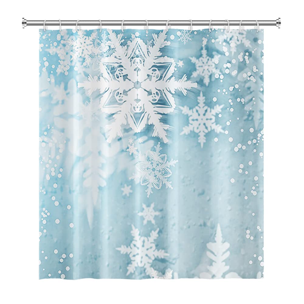 SDOTPMT 105x160cm Winter Snowflake Shower Curtain Merry Christmas Bathroom Curtain White Shinny Spots Sparkle Snow on Light Blue Bathroom Decor Waterproof Machine Washable with Hooks