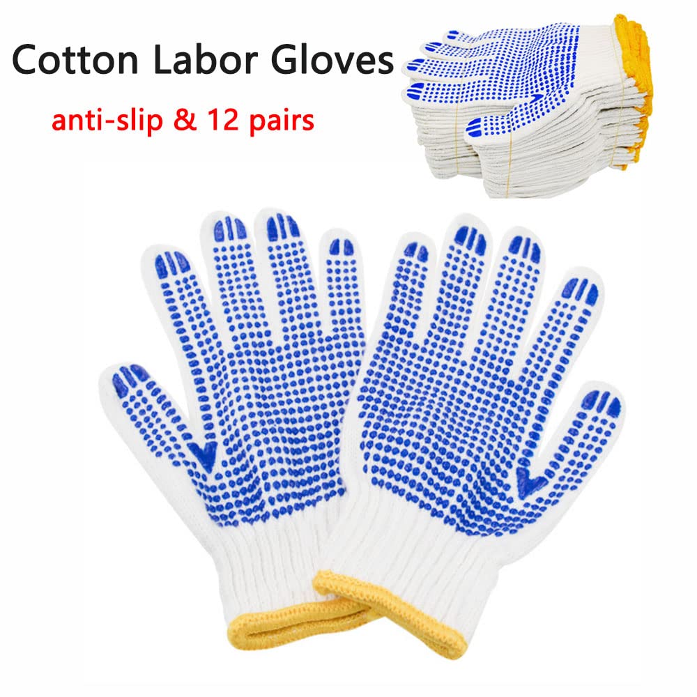 Lot de 12 paires de gants de travail blancs en coton avec revêtement en caoutchouc à pois pour la construction, le jardinage, le nettoyage des gants de travail respirants