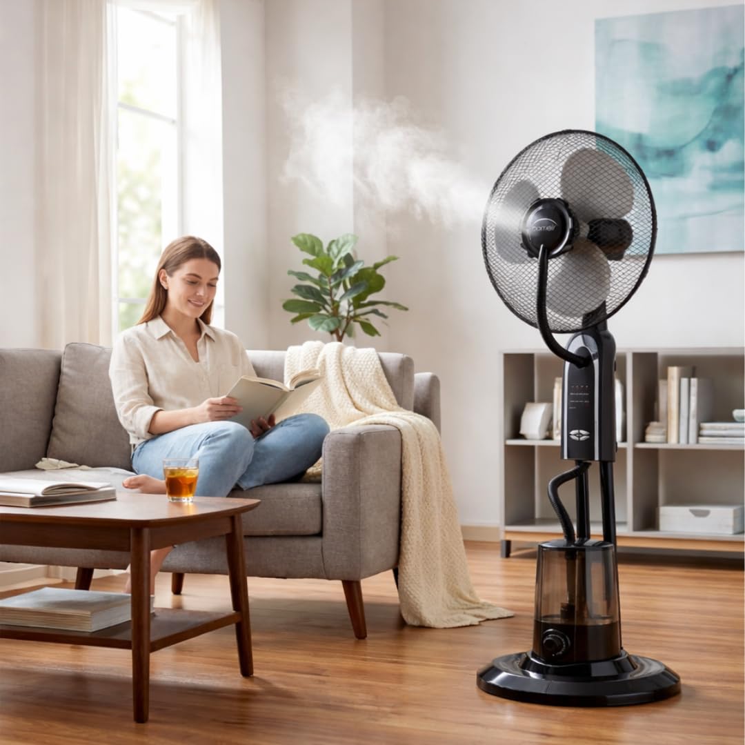 DOMAIR Ventilateur Brumisateur sur Pied avec Télécommande, Ventilateur Humidificateur Oscillant, 75 Watts, 3 Vitesses, 4 modes de ventilation, Mode Nuit, Minuterie, Diffusion de Brume, Noir