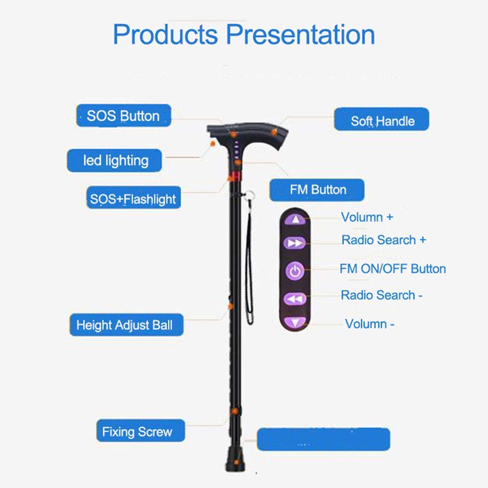 Muletas Inteligentes multifunción para Personas Mayores, bastón para Caminar, con luz LED, Alarma de Radio Inteligente para Personas Mayores,Muletas