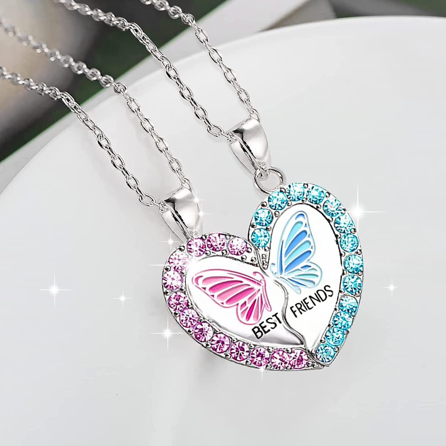 2 Pcs Bff Forever Split Magnetic Pendant Necklaces- Pink & Butterfly