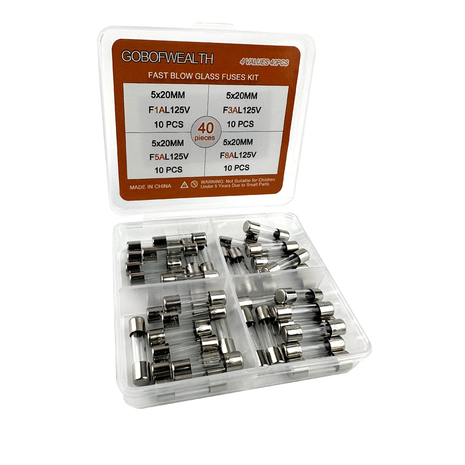 GOBOFWEALTH 5x20mm 0.2x0.78 inches 125V 1A 3A 5A 8A Ampere 4 Models 40PCS Packaged in Transparent Plastic Box, Suitable for Christmas Lights Quick