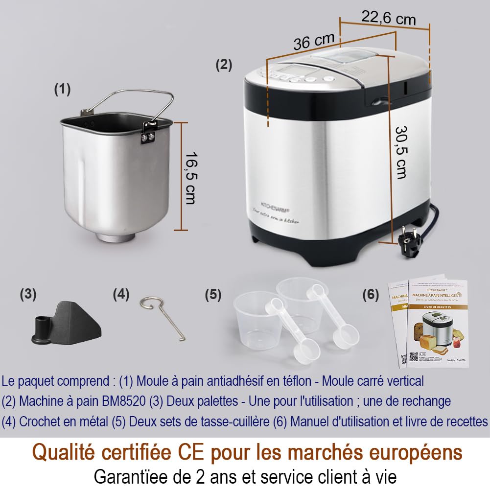KITCHENARM 29 en 1 Machine à pain intelligente avec interface utilisateur et documentation 100% en français - 900 G Machine à pain en acier inoxydable avec réglages sans gluten et pain complet