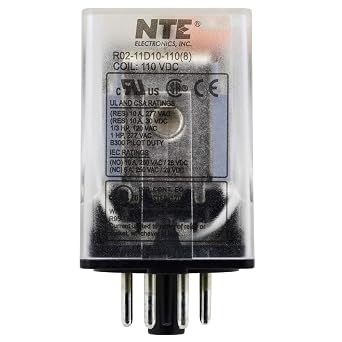 سلسلة NTE Electronics R02-11D10-110 R02 للأغراض العامة تتابع DC متعدد الأغراض ، ترتيب اتصال DPDT ، 10 أمبير ، 8 دبوس Octal Plug ، 110 VDC