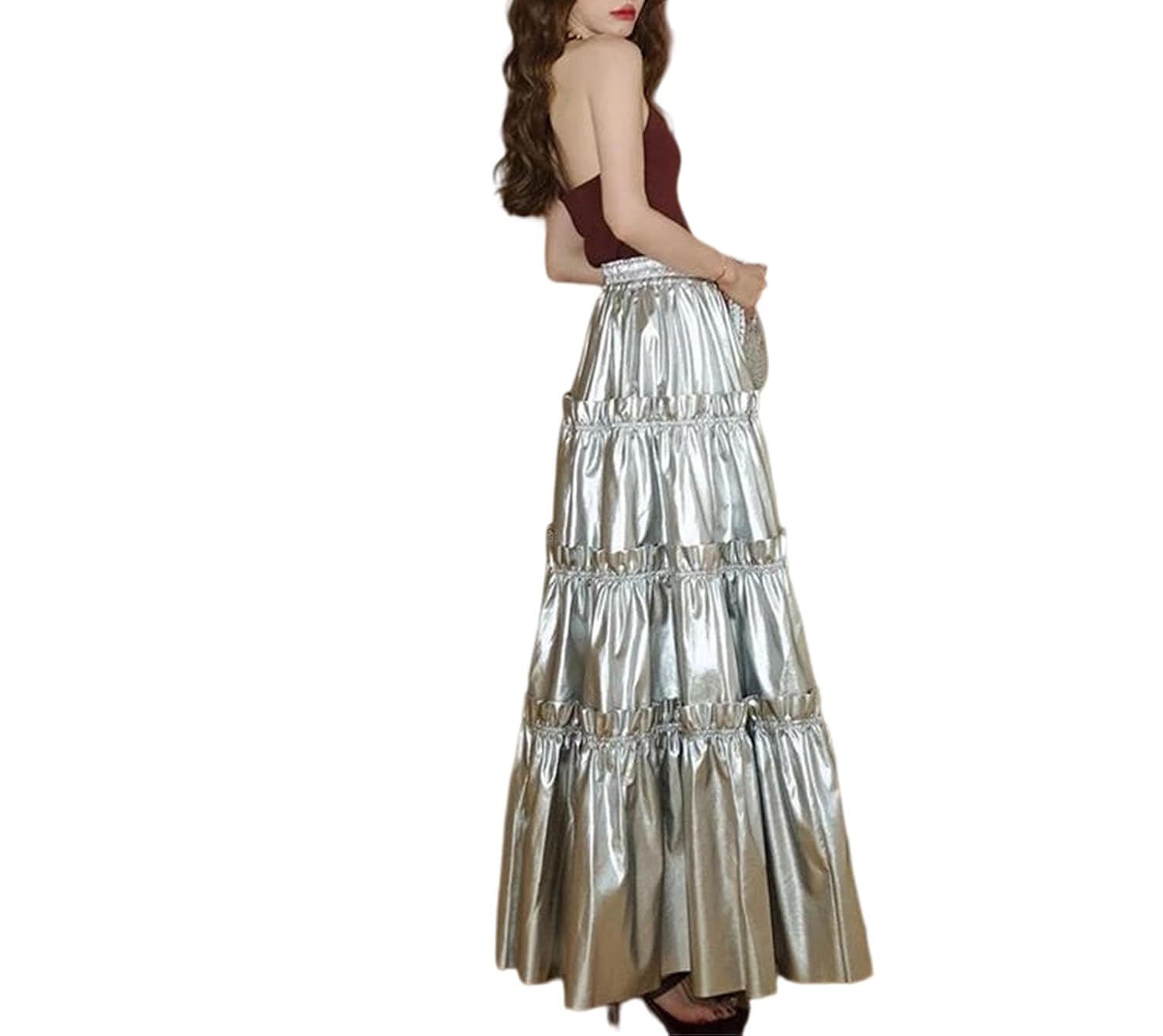 Womens High Waist Leather A-Line Midi Skirt Featuring A Ruffled Layered Design and Mid-Calf Length with Zipper Closure