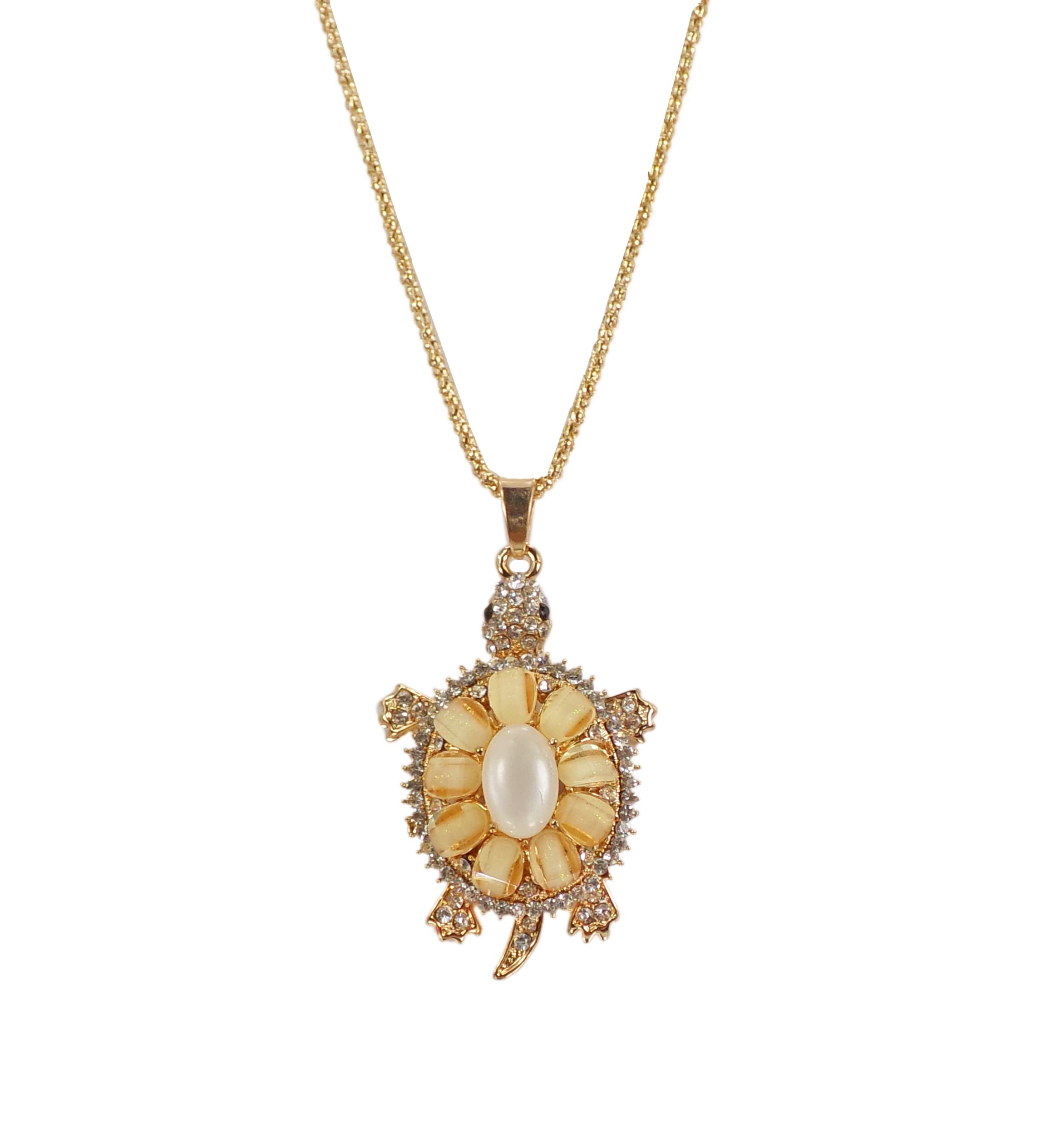 Golden turtle pendant necklace with clear crystals, cat eye stone, and movable legs and tail.