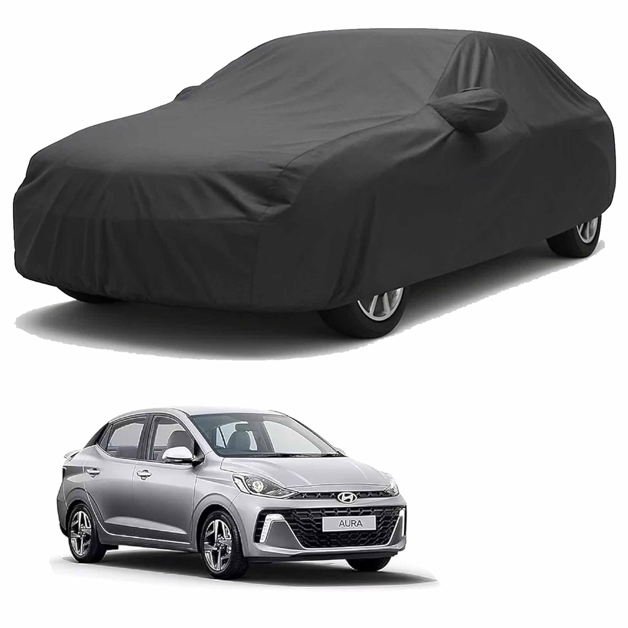 Sulfar 100% Water Resistant Car Body Cover Compatible with Mirror for Hyundai Aura (Triple Stitched, Full Bottom Elastic, Dark Grey)