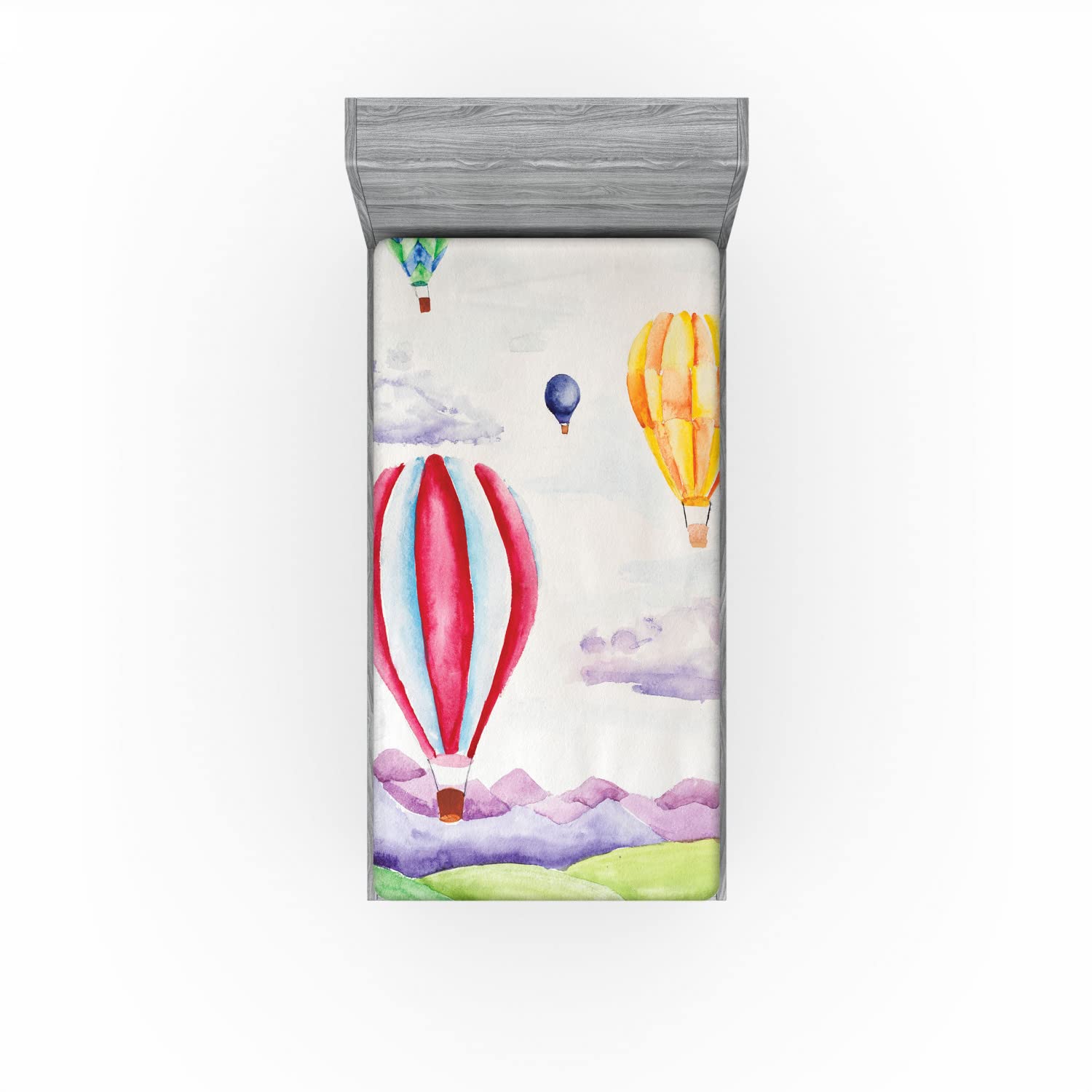 Ambesonne Watercolor 2 Pack Fitted Sheet, Hot Air Balloons Scene, Bed Cover All-Round Elastic Deep Pockets 2 Pieces, Package Contains 2 Twin Size Fitted Sheets, Multicolor