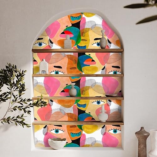 Miniatura 6 de Modern Art - Papel tapiz autoadhesivo para despegar y pegar, papel de contacto abstracto colorido con patrón de cara humana, extraíble, impermeable,