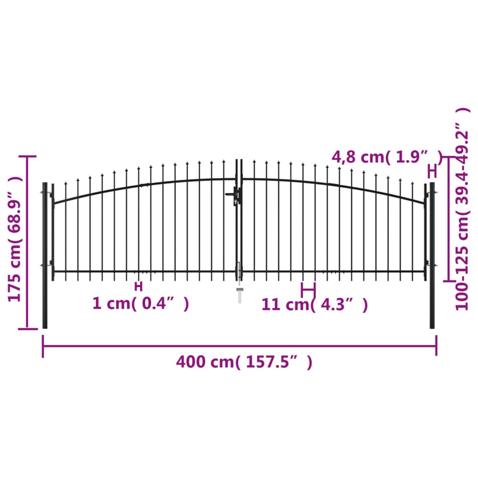 JUDYY Cancello Doppio con Punte a Lancia 400x175 cm,Cancello da Giardino,Cancelletto da Giardino,Cancello per Recinzione,Cancello Giardino Esterno-145739