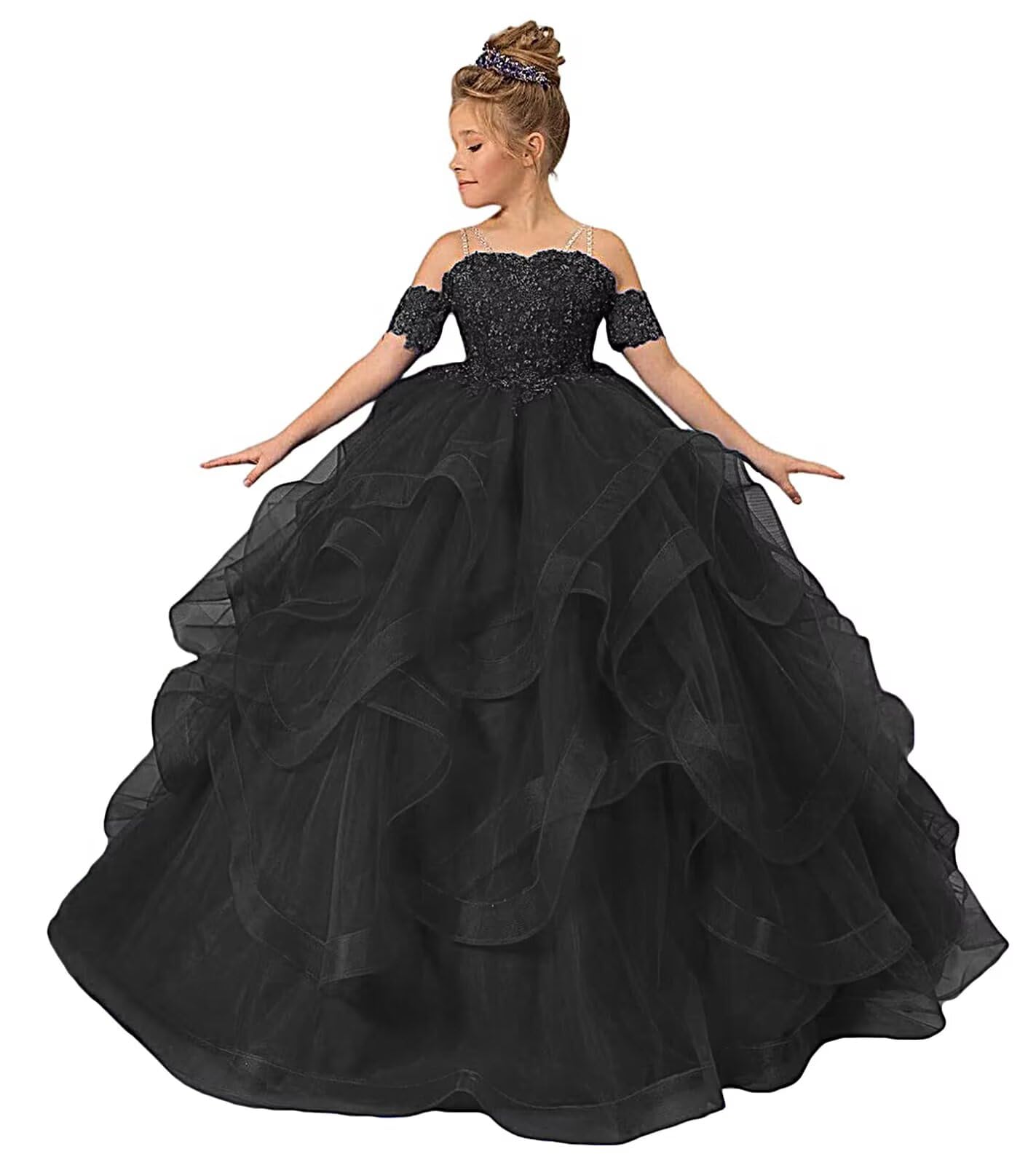 Tulle Flower Girl Dresses for Wedding Lace Applique Princess Ruffles Pageant Dress Long Party Ball Gown