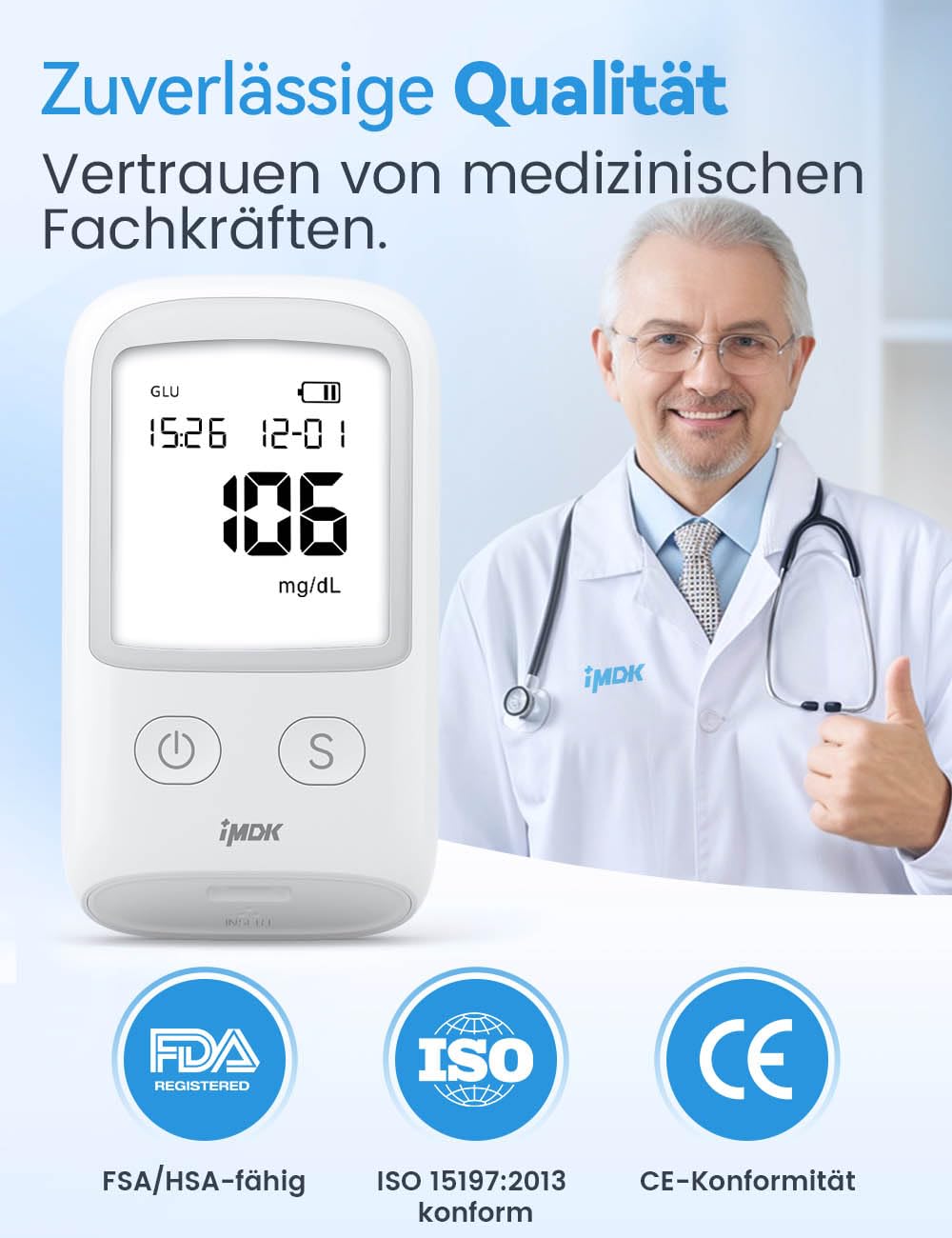 Blutzuckermessgerät-Set (mg/dl), 𝐊𝐥𝐢𝐧𝐢𝐬𝐜𝐡 𝐩𝐫ä𝐳𝐢𝐬𝐞𝐬 Blutzuckermessgerät mit 100 Teststreifen, 100 Lanzetten und 1 Stechhilfe – codierungsfrei & großes Display