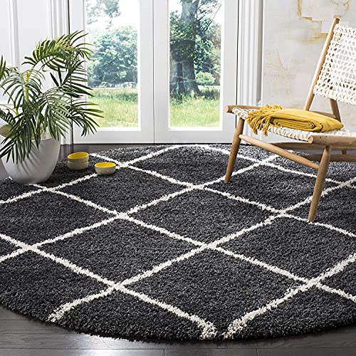 Image of Modern Anti Slip Round Shaggy Fluffy Fur Rug and Carpet for Living Room, Bedroom (7x7 Feet Round, Dark Grey & Ivory)
