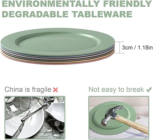Miniatura 3 de Hobein 6 platos de paja de trigo aptos para lavavajillas y microondas, irrompibles y ligeros, reutilizables, ecológicos y saludables, varios colores