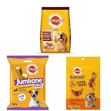 Pedigree Dry Food for Adult Dogs, Meat & Rice Flavour, 1.2kg Pack & Jumbone Mini Treats, Chicken & Lamb Flavour, 4 Treats, 160g & RANCHOS Super Bones Treats for Dog, Chicken & Milk Flavour, 70g