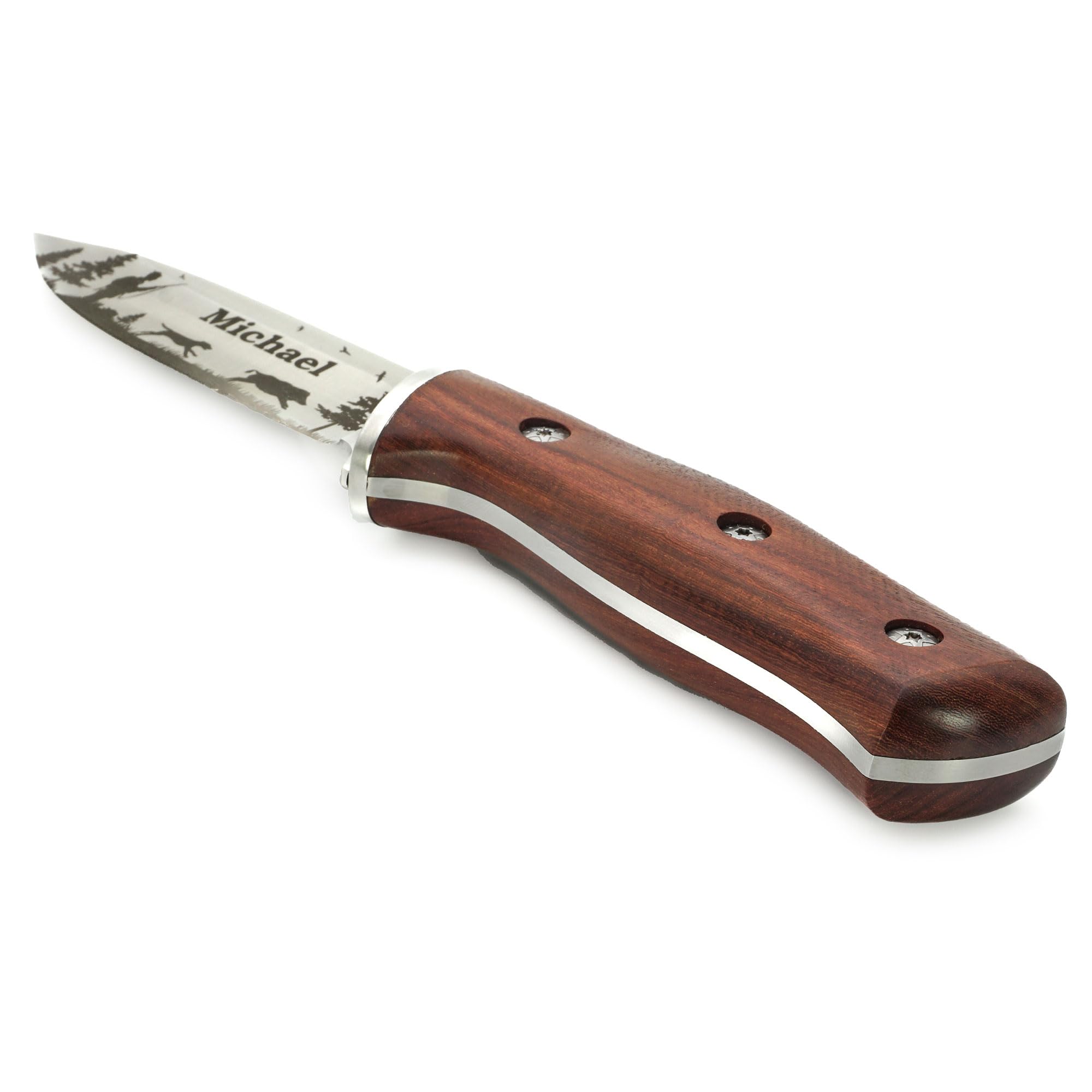 ADAM WILD Jagdmesser mit Gravur | personalisiert | Geschenke für Jäger | Wunschname graviert | rostfreier Edelstahl, Holzgriff & Lederscheide | Jagdzubehör & Geschenk zum Jagdschein