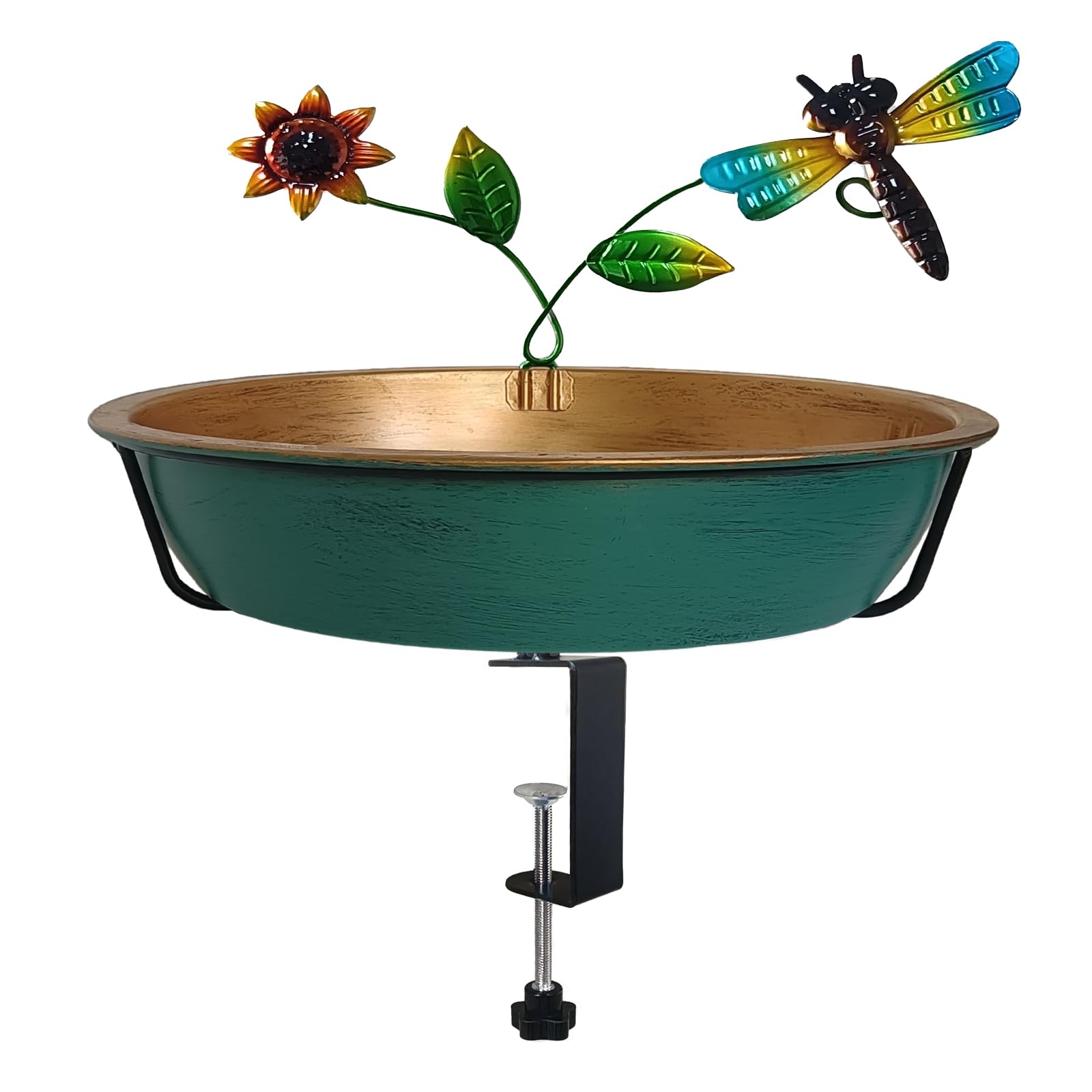 KeygiftDeck Bird Bath for Outdoors, 13 Inch Large Green/Bronze Metal Birdbath Bowl with Adjustable Big Steel Clamp Backyard Birdbath Bird Feeder for Railing Balcony Fence Yard Art Garden Decor