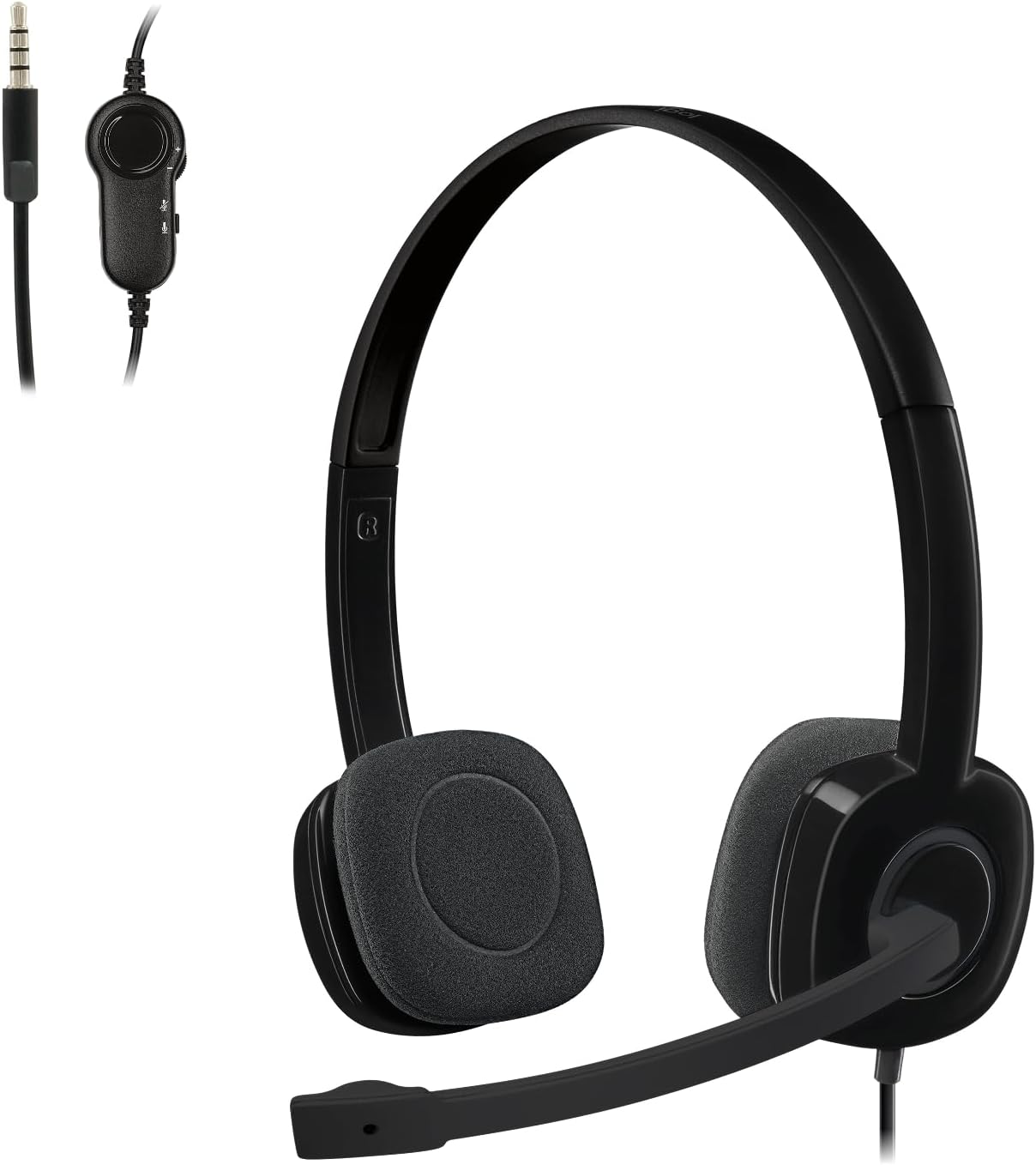 H151 Wired Headset, Stereo Headphones with Rotating Noise Cancelling Microphone, 3.5 mm Audio Jack, In Line Controls, PC/Mac/Laptop/Tablet/Smartphone Black, 981-000589, S,M,L