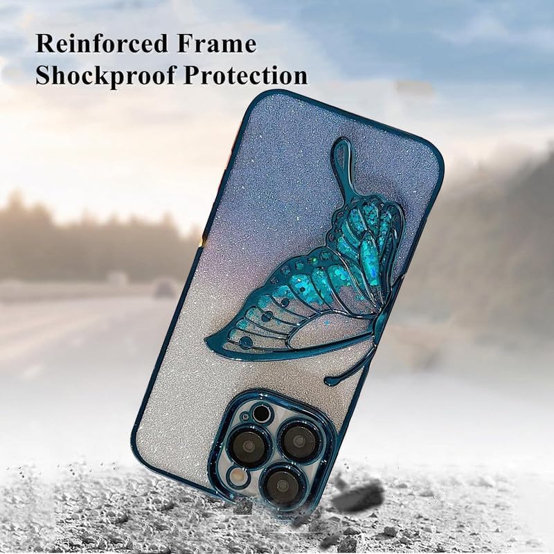 Image of MIDOS Thermoplastic Polyurethane Designed Compatible With iPhone 14 Pro Max Case With Glitter Cute Butterfly Plating Design Aesthetic Women Girls Cover For iPhone 14 Pro Max (Blue)