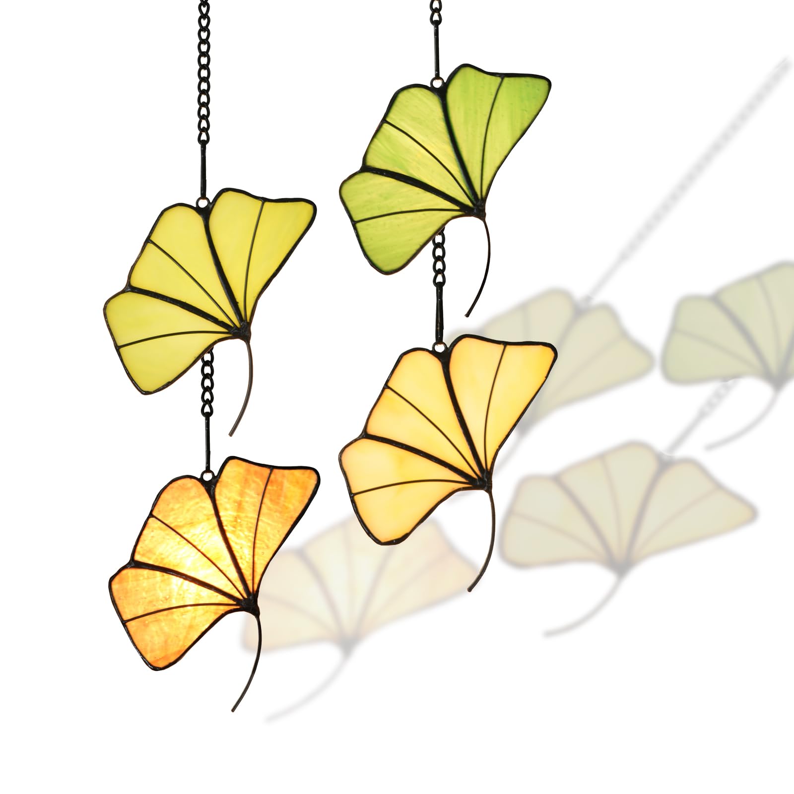 HomeBeauty PA0014 Ginkgoblatt-Sonnenfänger, Buntglas-Fensteraufhängung, Tiffany-Stil, Blätter, Dekorationen, Geschenke (Ginkgo-Blatt, 4 Stück)