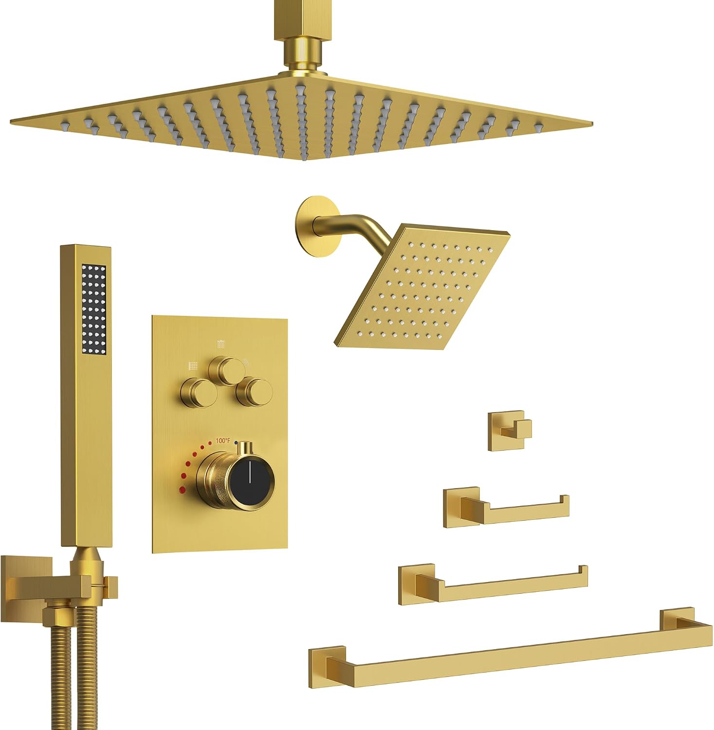 12" Dual Rainfall Thermostatic Shower System with Handheld Sprayer & 4-Piece Stainless Steel Bathroom Hardware Set Combo, Brushed Gold