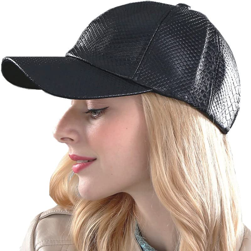 IZUSWomen-Men PU-Leather Snakeskin-Embossed Baseball-Cap Cool-Hip-Hop Trucker-Hats Adjustable Casual-Dad-Hat for Medium