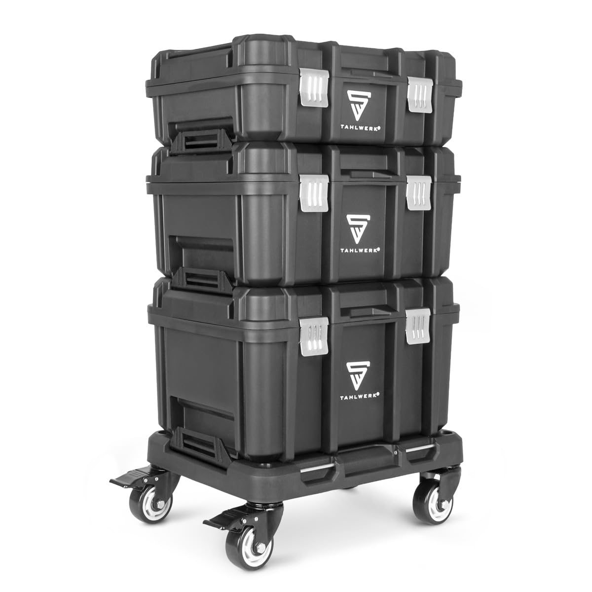 STAHLWERK Werkzeugtrolley mit drei Boxen – fahrbarer Werkzeugkoffer-Trolley mit Rollbrett, Metallverschlüssen und großem Stauraum, flexibles Aufbewahrungssystem für Werkstatt, Garage und Montage