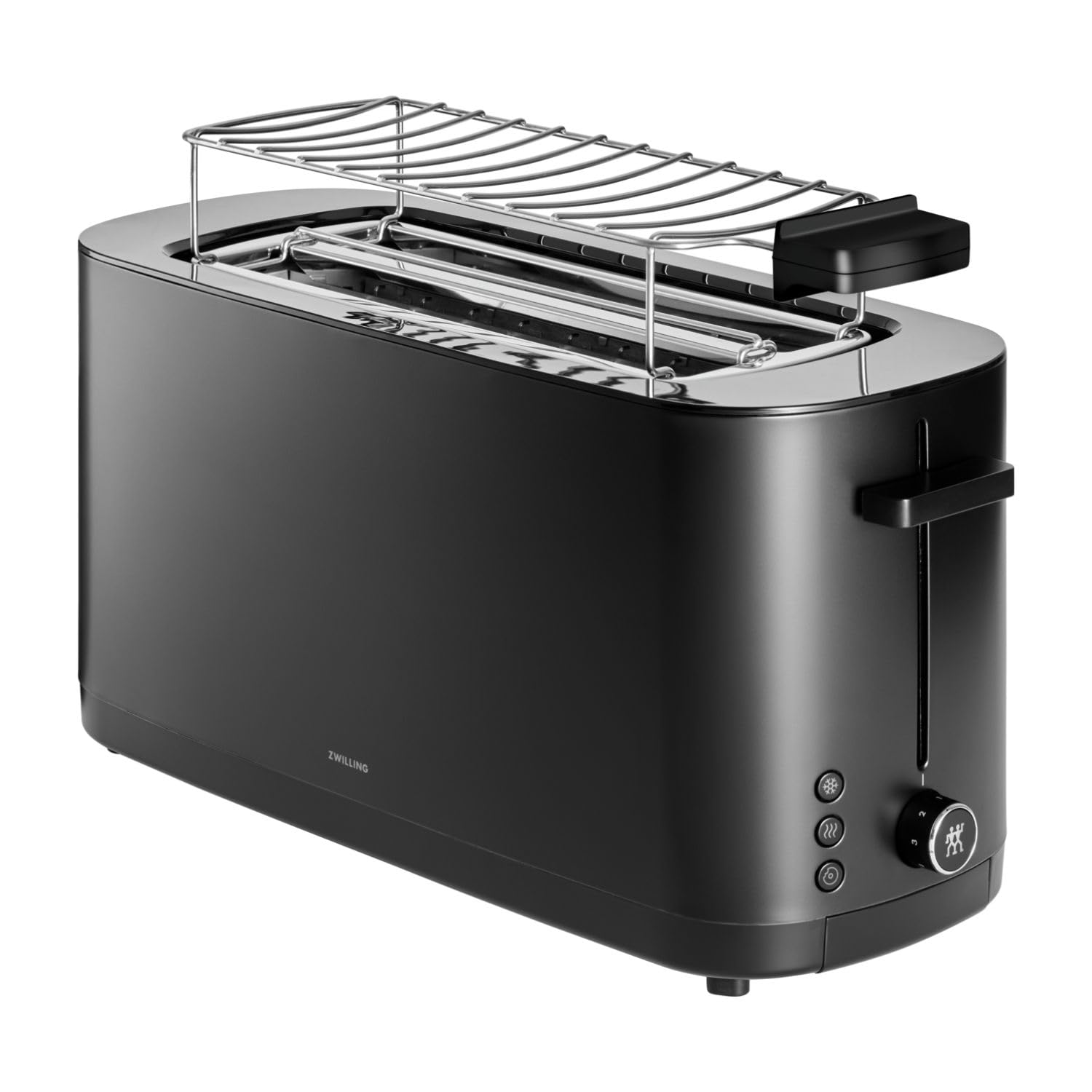 ZWILLING ENFINIGY Toaster mit 3 Automatikprogrammen, 7 Bräunungsgraden und Abschaltfunktion, Langschlitztoaster für 4 kurze oder 2 lange Scheiben, mit Brötchenaufsatz, Schwarz