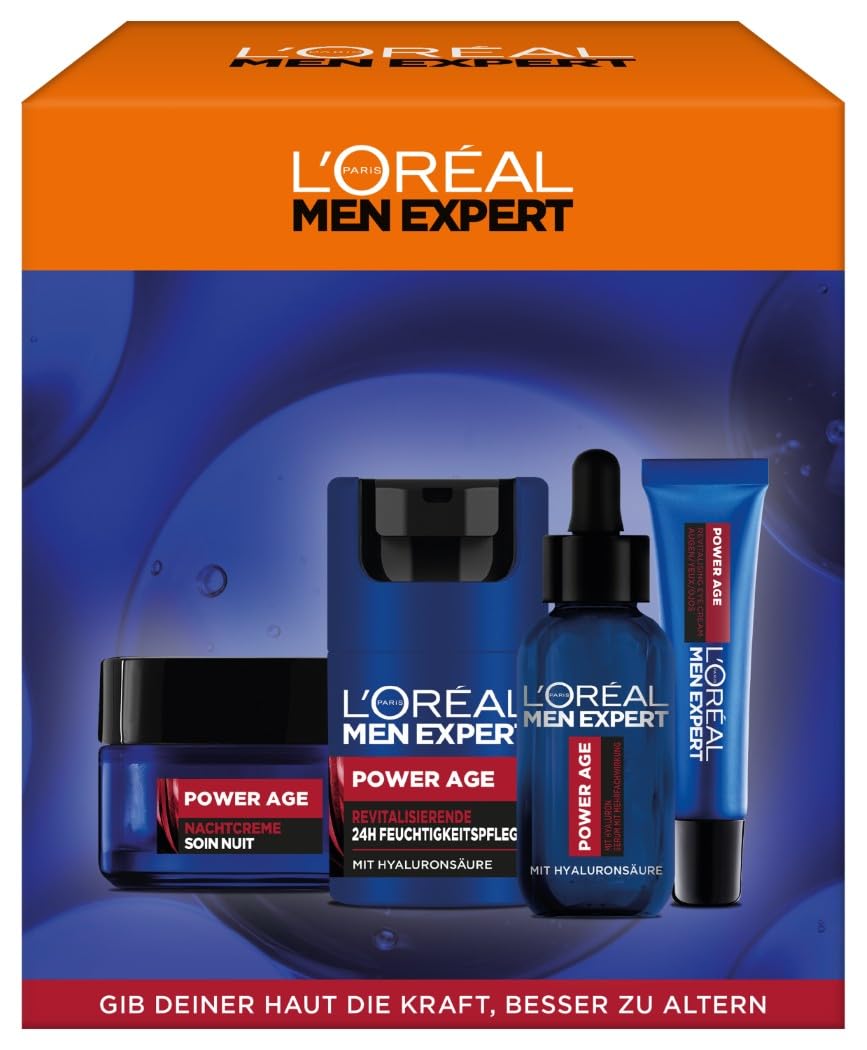 L'Oréal Men Expert Power Age Pflegeset gegen Falten mit Hyaluronsäure, Geschenkset für Männer, 2 x 50 ml, 1 x 30 ml, 1 x 15 ml