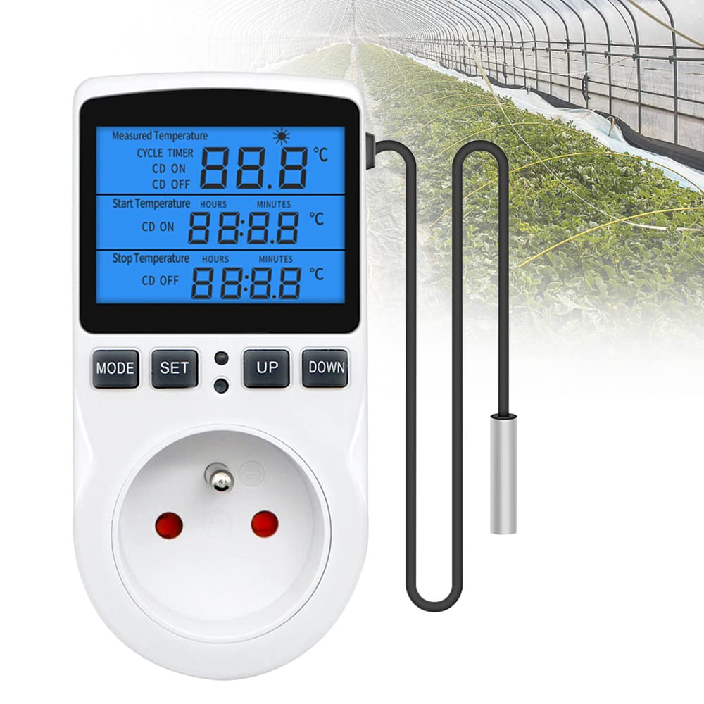 Thermostat Prise 220V pour Terrarium, avec Sonde, Régulateur de Température Numérique pour Chauffage et Refroidissement (Lumière Bleue)