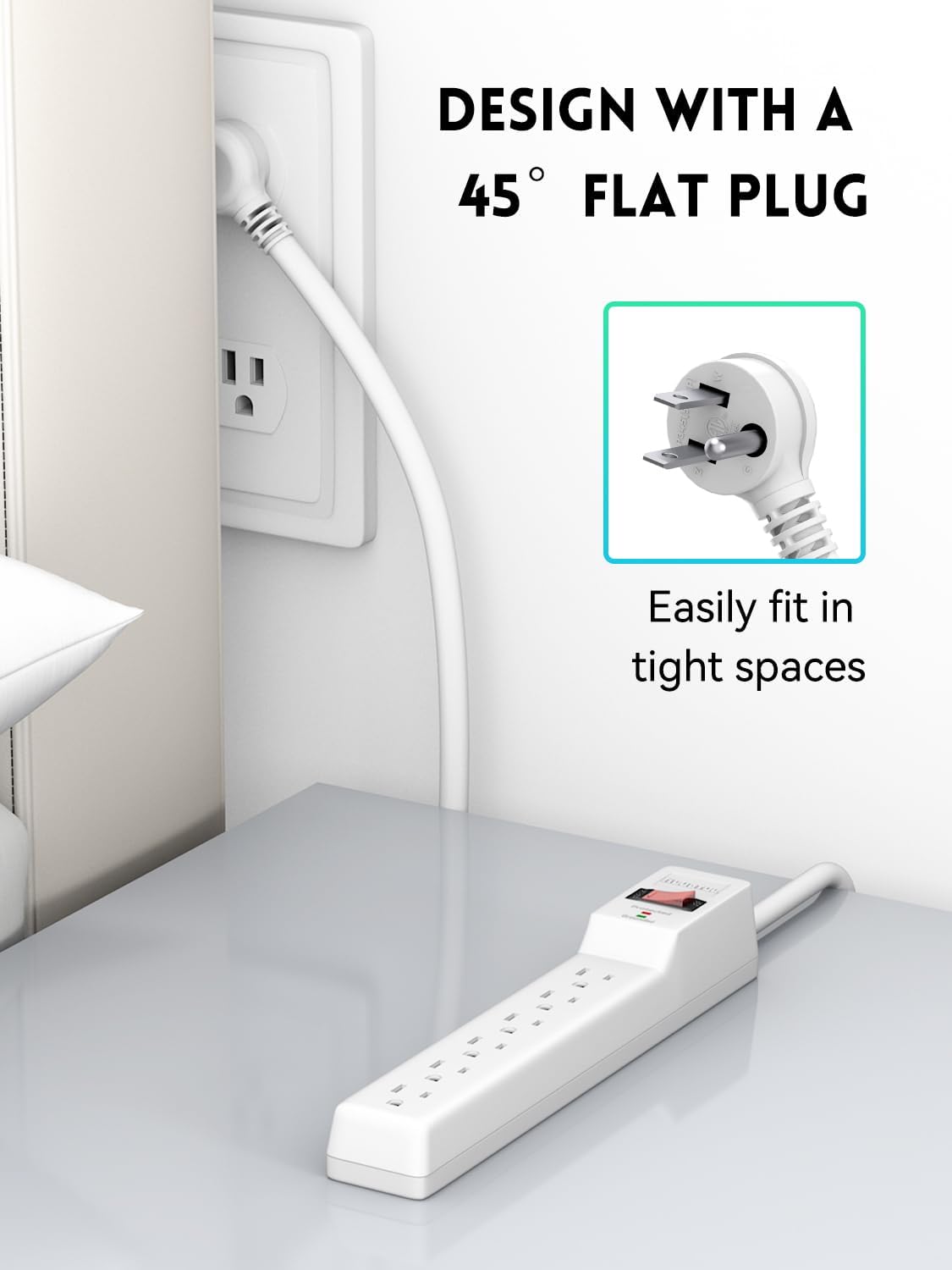 PLUGTUL Power Strip Surge Protector 6FT, 980Joules, 6 Outlet, Flat Plug, Wall Mountable for Home Office Garage, ETL Listed, White