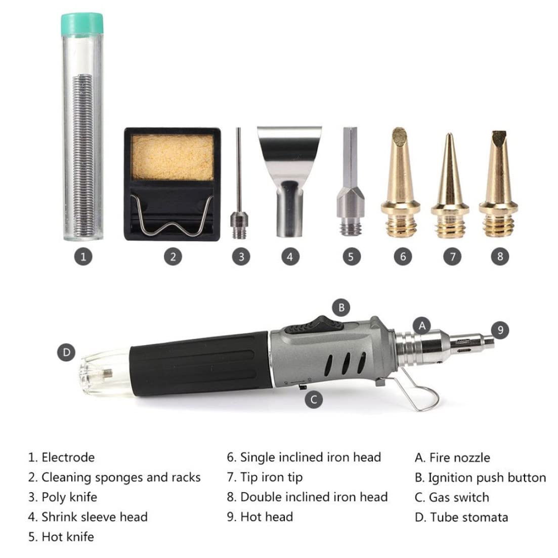 Kit di saldatura, Kit saldatore Set saldatore a gas 10 in 1 Saldatura Accensione automatica Portatile a forma di penna Grigio, Set gas