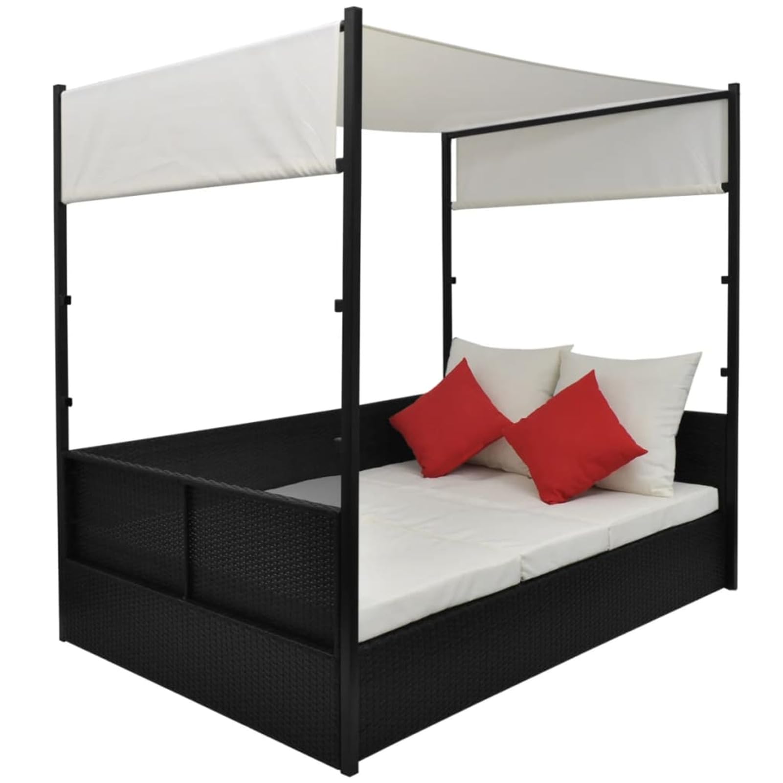 Homgoday Lettino da giardino con baldacchino, letto matrimoniale, letto matrimoniale, sdraio da giardino, divano da giardino con tavolino nero, 190 x 130 cm, polyrattan