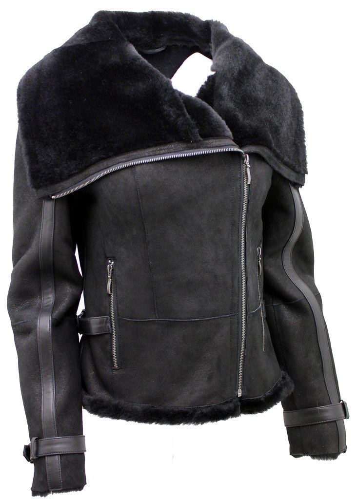 Womens Short Black Merino Sheepskin Aviator Leather Jacket product thumbnail 4