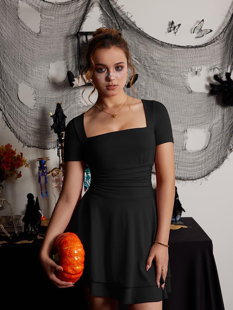 XXTAXN Women's Sexy Square Neck Short Sleeve Ruched Tiered Ruffle Hem Flowy Club Party Mini Dress - Image 6