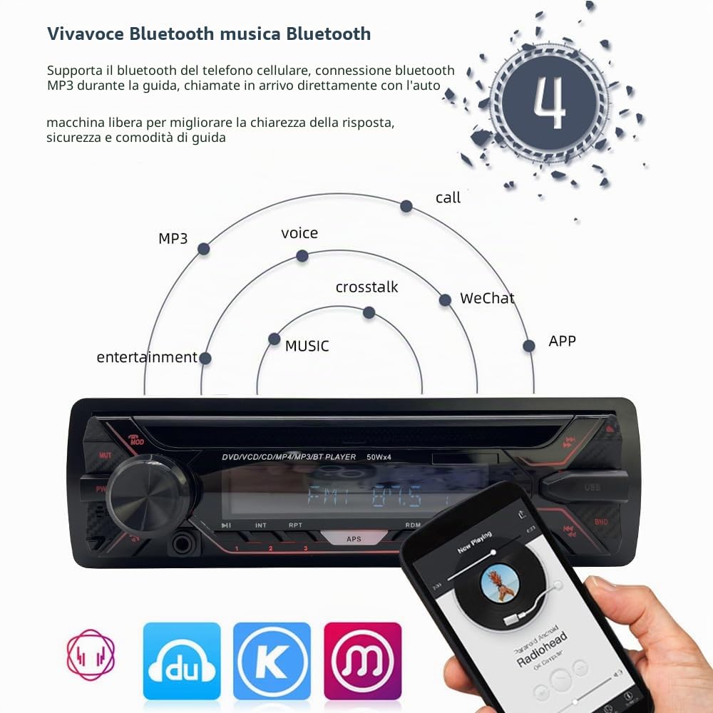 Autoradio Stereo Pannello Rimovibile 1 DIN 12V Radio FM MP3 Bluetooth CD VCD MP3 SD USB Ricevitore Multimediale Auto