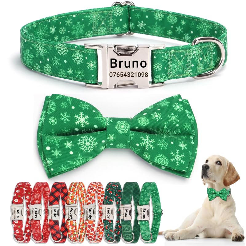 SEOUGEE Christmas Dog Collar Personalised with Bowtie, Adjustable Soft Cotton Dog Collars with Custom Engraved Metal Buckle Name Phone Number for Small Dogs (Green Snowflake, XS:Neck 20-30cm) — image 1