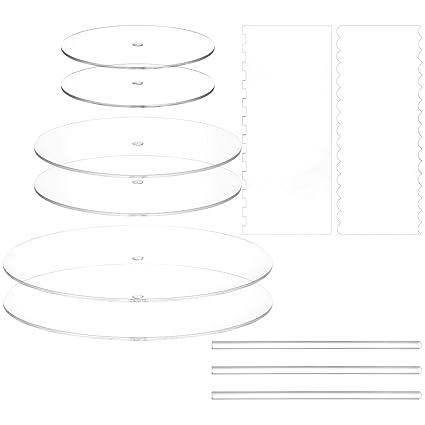 Coloch 11 Pieces Acrylic Cake Discs Set, Clear Cake Decorating Supplies with 6 Acrylic Discs, 2 Icing Scraper and 3 Center Dowel for 3 Tier Cake Making, Serving Bake Goods, 6.25/8.25/10.25 Inch