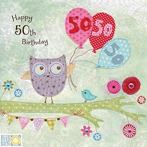 Greeting Card (BES2404) - Age 50 Birthday - Owl Holding Balloons - Enchantment