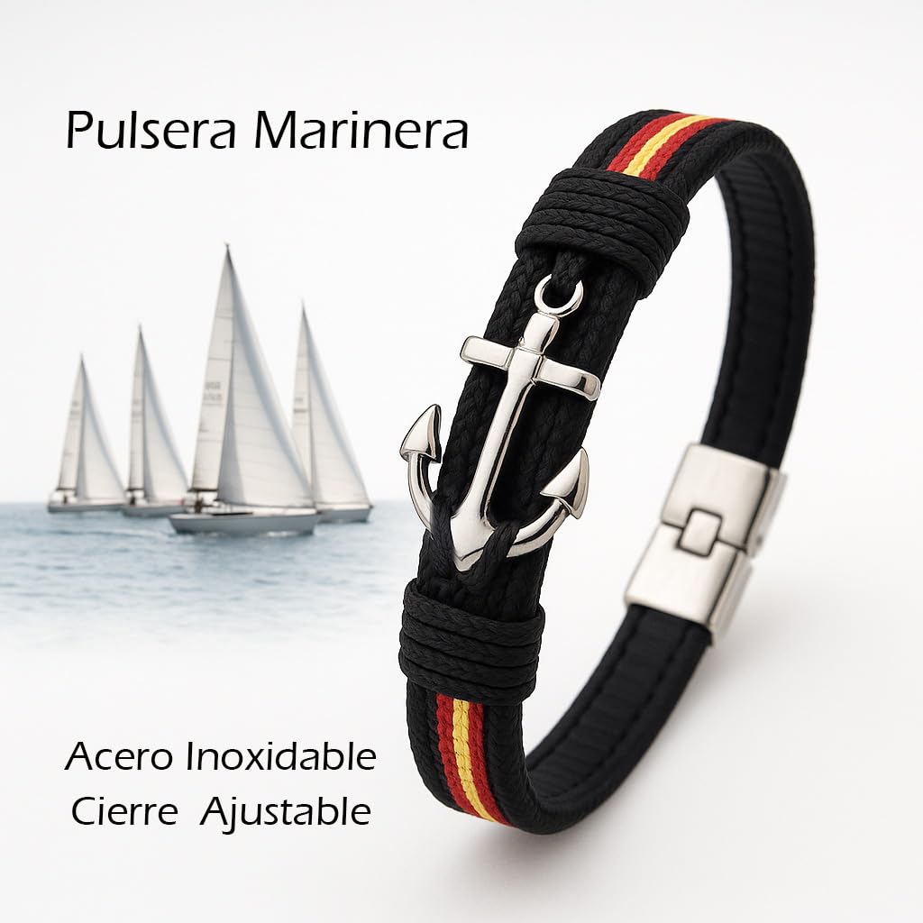 EKONAT-Pulsera España Hombre Acero Inoxidable con Ancla – Brazalete Bandera de España Náutico Ajustable – Joya Artesanal Patriótica Hecha en España