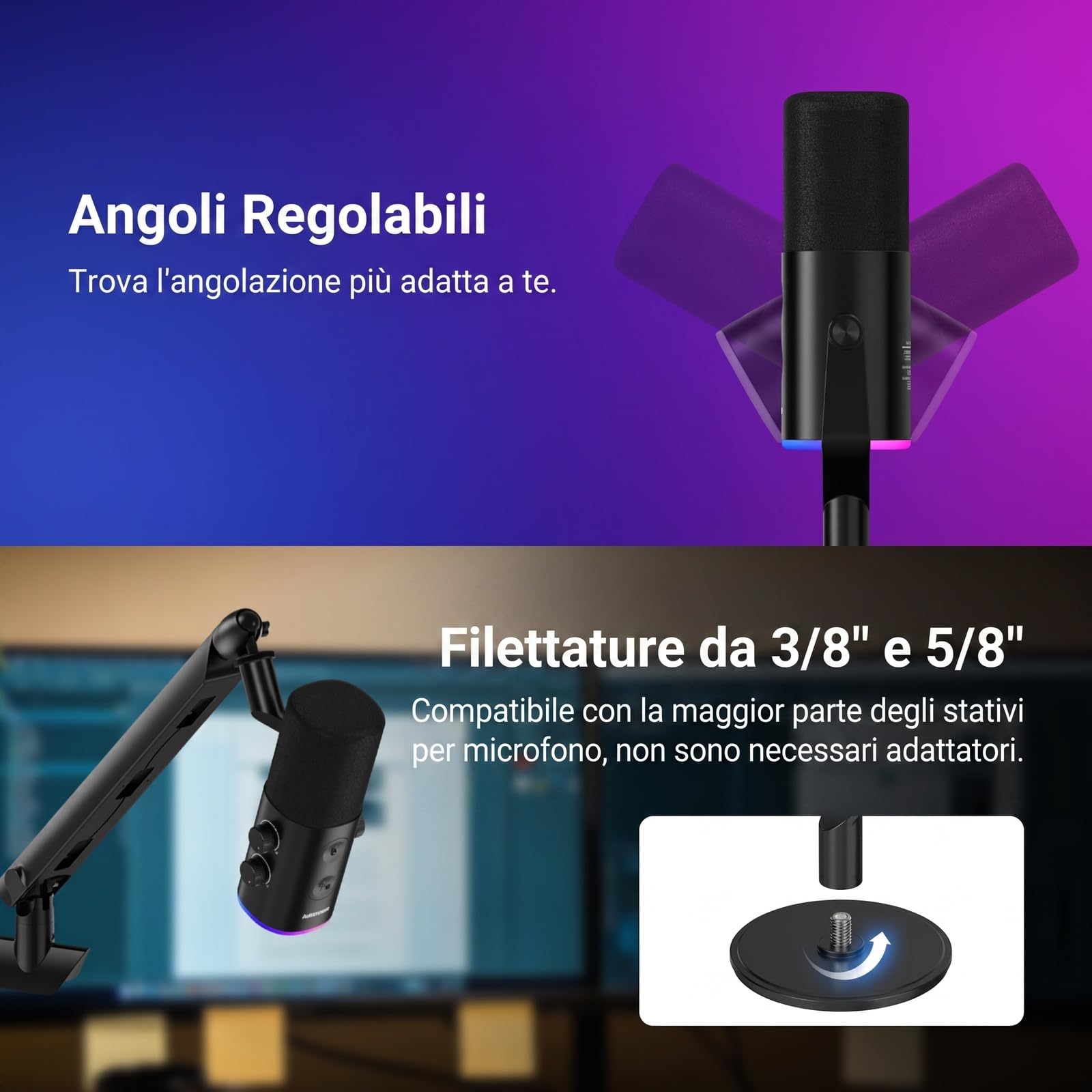 NEEWER DM03 Microfono Dinamico RGB USB/XLR con Muto Antirumore AI Controllo del Guadagno Mic e Volume Cuffie, Monitor TRS 3,5mm, Supporta App MIC/EQ/Sinc Musica per PC Video Gioco Podcast Canto